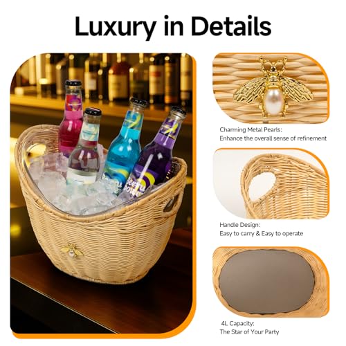 Lexenic Ice Bucket with Handle Hole, Woven and Acrylic Double Layer Basket Design, 4L Champagne Wine Ice Bucket for Cockta...