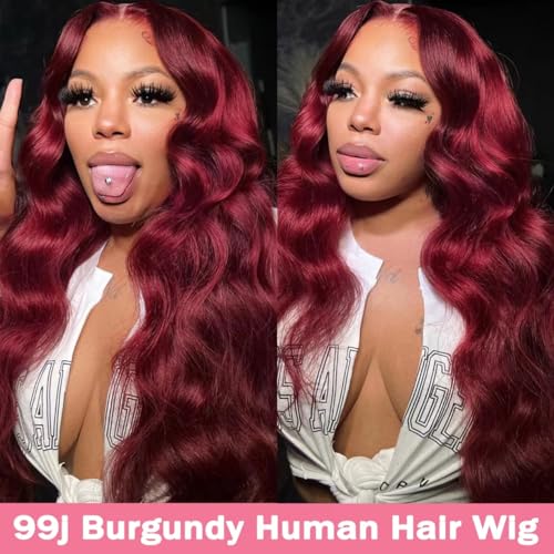 99J Burgundy Wig Human Hair 13x4 Body Wave Lace Front Wigs Human Hair 180 Density Pre Plucked Glueless Wine Red Colored Lace Front Wig for Women 28inch