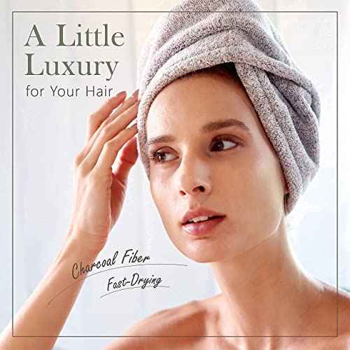 myHomeBody Hair Towel Wrap, Luxury Quick Drying Turban, Ultra Soft Absorbent Charcoal Fiber Cap, with Coconut Shell Button ? Gray