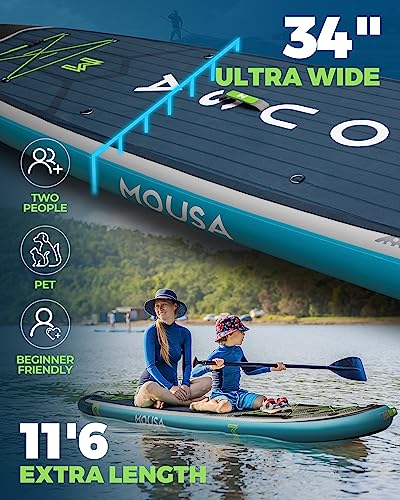 MOUSA 11'6“x35 Extra Wide Inflatable Stand Up Paddle Board, Stable Long SUP for 2 People/Family, Shoulder Strap, 3/5 Handl...