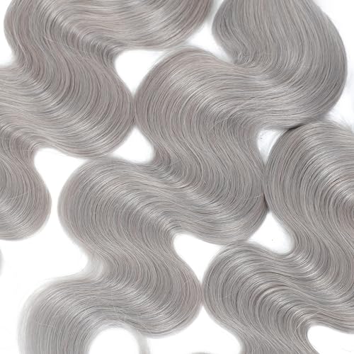 Silver Grey Body Wave Bundles Human Hair 24 Inch, Soft and Thick Short Single Bundle 100% Unprocessed 12A Remy Hair Lavender Gray Color Sew In Quick Weave Wavy