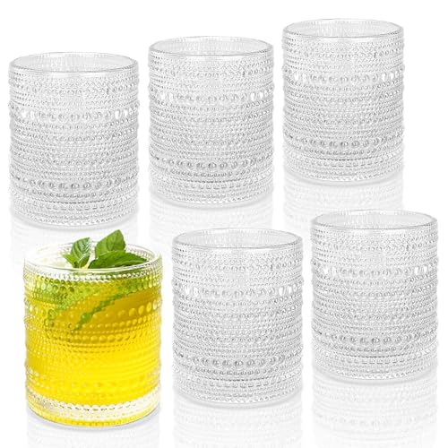JPPSUJJ Cocktail Glasses 10 oz Hobnail Drinking Glasses Set of 6, Vintage Glassware, Textured Glass Cups Bubble Glasses Wa...