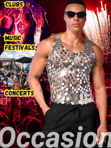ChiaoLezhee Men's Big Sequin & Rhinestone Mesh Shirt for Rave, Sparkly Reflective Metallic Sexy Tank Top (Fits Chest 30-46")