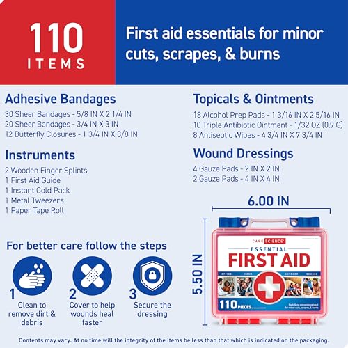 Care Science First Aid Kit, 110 Pieces | Professional Use for Travel, Work, School, Home, Car, Emergency, Survival, Campin...