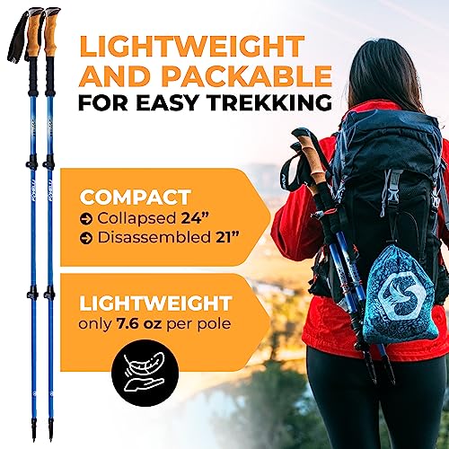Foxelli Hiking Poles Bundle (2 Pairs) – Black & Blue Collapsible Lightweight Carbon Fiber Trekking Poles with Accessories