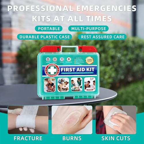 SuccorWare 225 Pieces First Aid Kit, Includes Ice Pack, Adhesive Bandages, Wound Gauze Pads, Portable First Aid Bag for Ho...