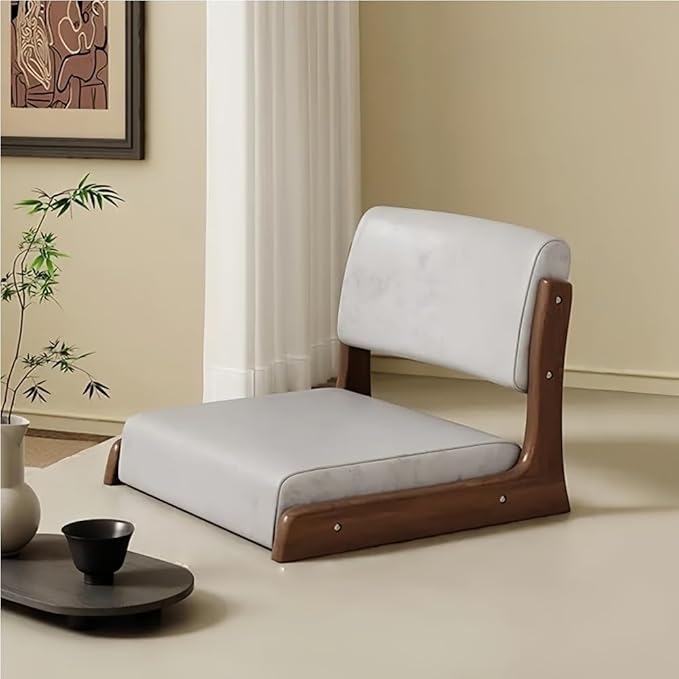 Japanese Style Legless Floor Chair with Back Support, Wooden Tatami Meditation Chair with Cushion, Low Sofa Floor Seat for Living Room, Bedroom, Bay Window(Technology Fabric 3)