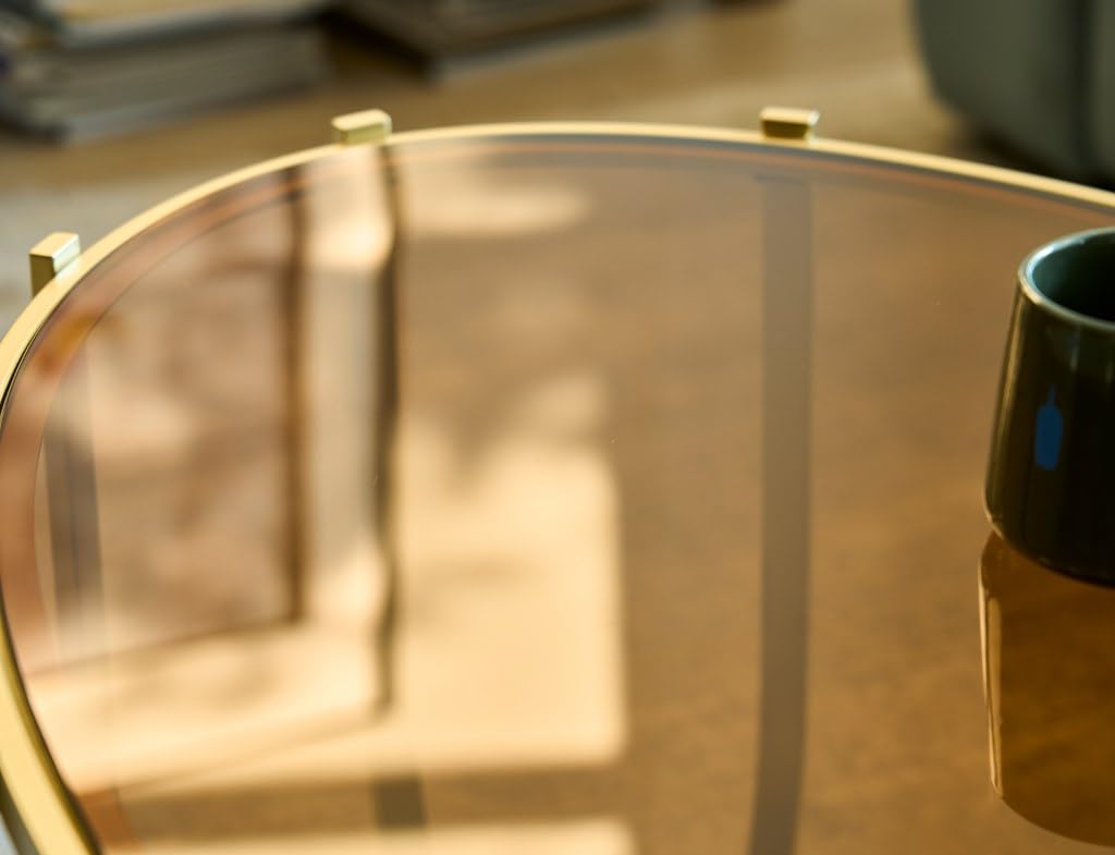AGV LIGHTING Oval Glass Coffee Table with Gold Metal Frame, Modern Glam Glass Coffee Table, Amber Tempered Glass Top with Lower Walnut Shelf, Modern Gold Coffee Table for Living Room