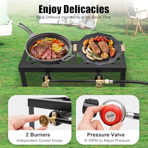 PROYONGOO Double Propane Burner Camping Stove, 18.90" X 9.84" X 4.53" Gas Stove with Regulator Hose, Portable Gas Burner f...