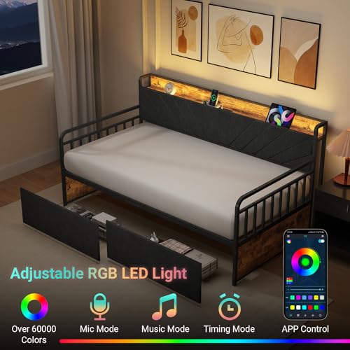 Zevemomo Twin Daybed with 2 Storage Drawers Charging Station LED Lights and Upholstered Headboard, Day Bed with Storage, Metal Bed Frame with Steel Slat Support for Living Room, Bedroom, Black