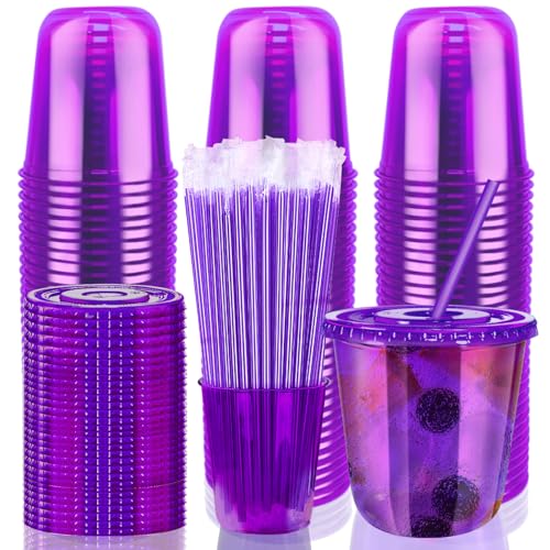 Xuelimei 12oz Disposable Stemless Glasses with Flat Lids and Straws,PET Disposable Drinking Cups,Clear Plastic Wine Glasse...