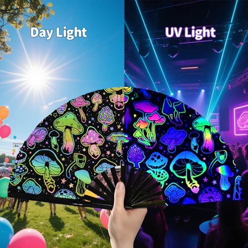 EOSAU UV Glow Large Rave Fan Folding Hand Fans for Line Dancing Portable Handheld Clack Fan for Festival EDM Party Music O...