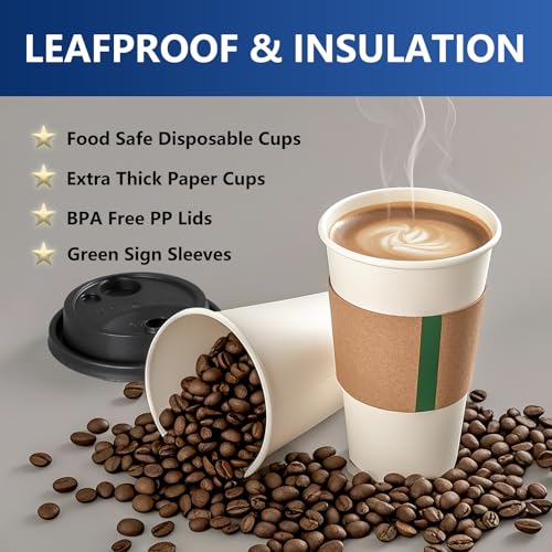 16oz Disposable Coffee Cups with Lids & Sleeves 60 Pack | Sturdy, Leak-Proof & Insulated To Go Disposable Cups for Hot/Col...