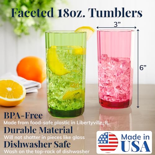 US Acrylic Faceted Plastic Reusable Drinking Glasses (Set of 6) 18oz Water Cups Assorted Colors | BPA-Free Tumblers, Made ...