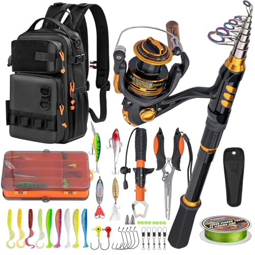 THKFISH Fishing Rod and Reel Combo with Backpack, Telescoping Fishing Pole Spinning Reel Kit with Fishing Lures, Pliers an...