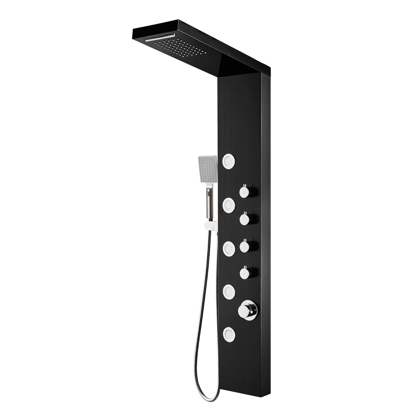 ROVOGO Shower Panel Tower System with Rainfall Waterfall Shower, 5 Body Jets and 3-Setting Handheld, 304 Stainless Steel Shower Column Wall-Mount, Black