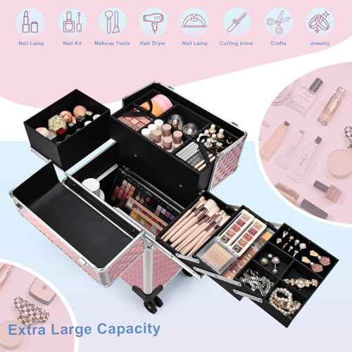 Stagiant Rolling Makeup Train Case Large Storage Cosmetic Trolley 4 Tray with Sliding Rail Removable Middle Layer with Key Swivel Wheels Salon Barber Case Traveling Cart Trunk