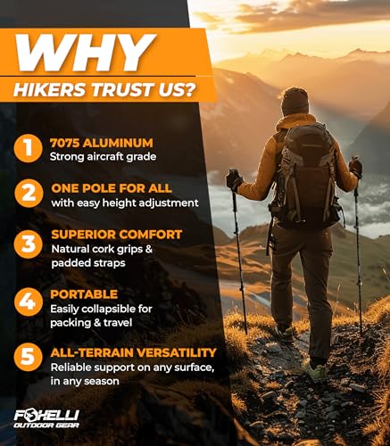 Foxelli Trekking Poles – Lightweight Collapsible Aircraft Grade Aluminum Hiking Poles with Cork Grips Quick Locks & All-Te...