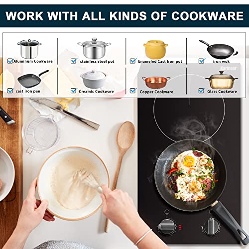 Karinear 110v Electric Cooktop 2 Burners, 12'' Electric Stove Top with Plug in, Knob Control Countertop & Built-in Ceramic...