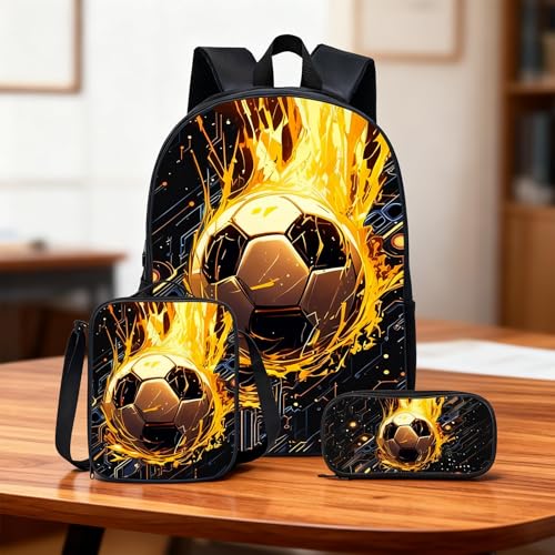 3-Piece Sports Theme Backpack Set - Green Soccer Ball Pattern Daypack with Insulated Lunch Bag and Pencil Case - Casual Gy...