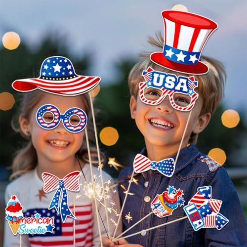 Independence Day Photo Booth Props with Sticks,4th of July Photo Booth Props,Patriotic Party Decorations (25CT)