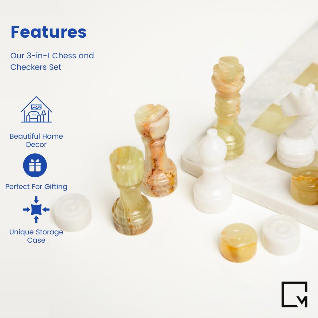 Marble Chess and Checkers Set – Luxury Tabletop Game and Coffee Table Decor – Elegant 3-in-1 Marble Game for Room Decor, Modern Home Accents, and Functional Décor (White and Onyx)