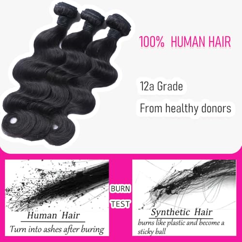 CHEEON Body Wave Bundles Human Hair 20 22 24 Inch Human Hair Bundles 12A Grade Unprocessed Brazilian Virgin Hair Extensions 3 Bundles Deal Natural Black