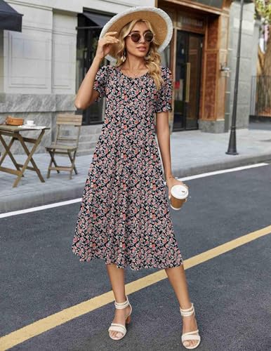 Zeagoo Womens Summer Dress Casual Midi Dresses 2026 Short Puff Sleeve Flare Dress Pleated Flowy Sundress with Pockets