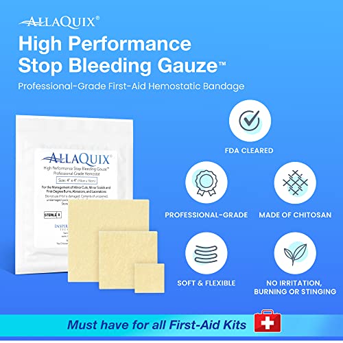 AllaQuix Stop Bleeding Gauze Pads – (2"x2") | Hemostatic Wound Dressing for Cuts & First Aid Kits | Sterile, Drug-Free, Fa...