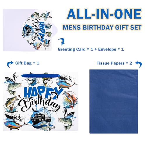WRAPAHOLIC 13" Adventure Fishing Birthday Gift Bag with Card and Tissue Paper - Navy Blue Fish and Angler Design Paper Bag...