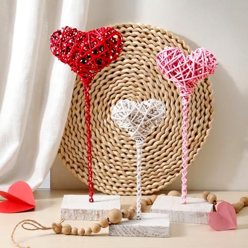 Thyle 3 Pcs Valentines Day Rustic Heart Table Sign Decor Rattan Woven Handmade Love Tall Standing Heart Block Set for Home...