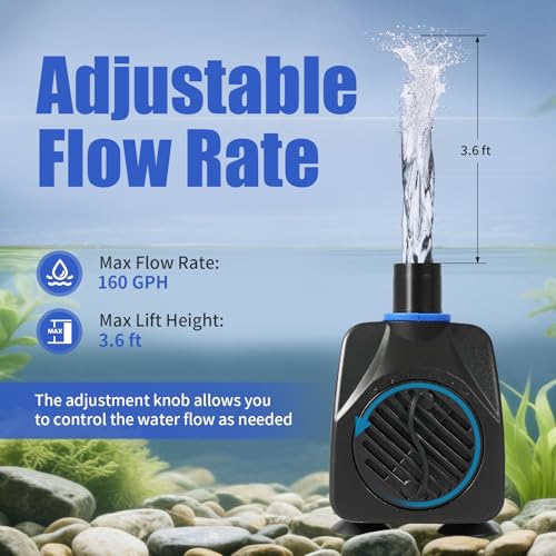 AQUANEAT Small Fountain Pump, 160 GPH Mini Submersible Water Pump with 3.3 ft Tubing, for Aquarium Fish Tank, Pet Water Fo...