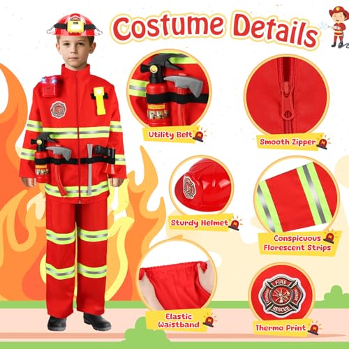 HUUIDY Firefighter Costume for Kids, Fireman Costume with Firefighter Tools, Fire Extinguisher, Helmet Light, Right Angle ...