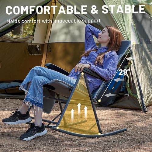 Timber Ridge 3-Level Adjustable Rocking Camping Chair, Padded High Back Outdoor Rocking Chair with Side Pocket, Portable F...