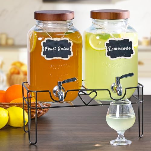 ShoreHao 2 Pack1Gallon Glass Drink Dispensers with Stand&Bamboo Lids&Fruit Infuser,304 Stainless Steel Leak-Proof Spigot,B...