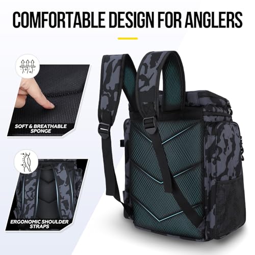 PLUSINNO Fishing Backpack with Rod Holders Tackle Box, 42L Large Water-resistant Fishing Tackle Bag Store Fishing Gear