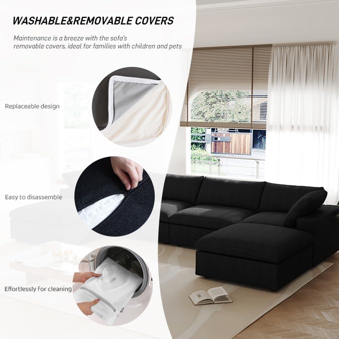 Cloud Couch Modular Sectional Sofa with Storage Ottomans,Oversized Down Filled 8 Seater Convertible Sectional Sofas, Black Wide Deep Seat Couch for Living Room,Covers Washable&Replaceable