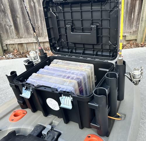 Kayak Fishing Crate - 6 Integrated Rod Pole Holders, Tackle Box Accessory Storage Area and Tray with Lockable Lid - No Ass...