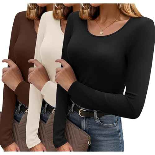 Ekouaer Long Sleeve Shirts for Women 3 Pack Scoop Neck Fitted Tops Thermal Undershirt Stretch Base Layer Soft Tee XS-XXL