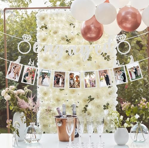 Pre-Strung Engaged Photo Banner - Silver Glitter Engagement Party Decoration Supplies with Romantic Memories Picture Card ...