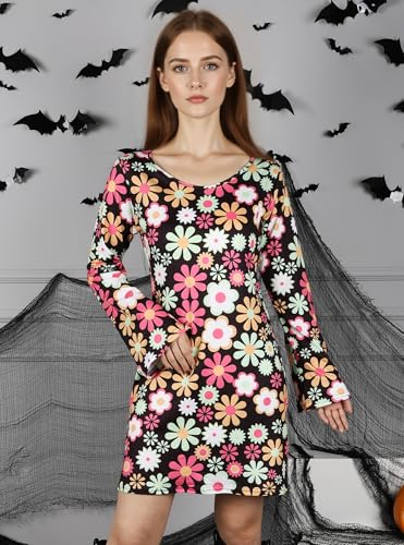 DANAZANA Women's Halloween Floral 60s 70s Hippie Costume Dress Women Groovy Hippy Inspired Bell Sleeves Dresses Retro A Line Mini Dress Vintage Boho Cowgirl Costumes Woodstock Party Black