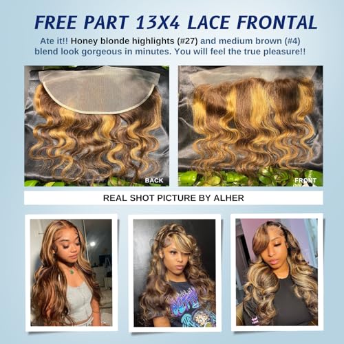 ALHER 4/27 Honey Blonde Highlight Body Wave Closure 13x4 Lace Frontal Human Hair Ombre Colored Wavy 12A Virgin Remy Hair Undetectable Transparent Melt Ear to Ear Lace Frontal Closure 20 Inch