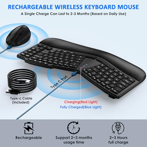 Ergonomic Wireless Keyboard Mouse Combo, Bluetooth/2.4G Split Design Keyboard with Palm Rest and 3 Levels DPI Adjustable W...