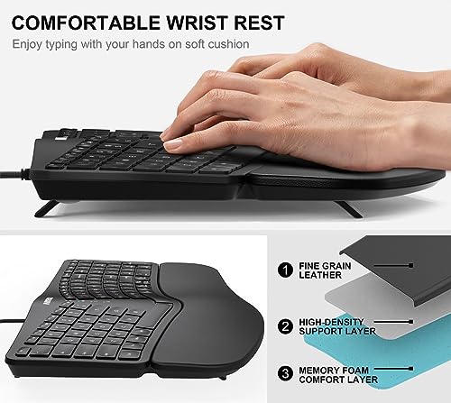Arteck Ergonomic USB Wired Keyboard with Cushioned Wrist & Palm Rest, Backlit 7 Colors & Adjustable Brightness Comfortable...