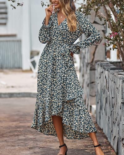 BTFBM Womens Dresses Spring Clothes 2026 V Neck Floral High Waist Ruffle Wedding Guest Cocktail Boho Long Sleeve Dress