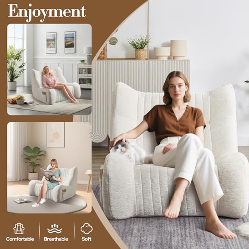 KEIKI Bean Bag Chair with Armrests & Side Pockets, Oversized Comfy Lounge Sofa, High-Resilience Foam, Ergonomic Design, Plush Accent Chair for Living Room & Bedroom, White