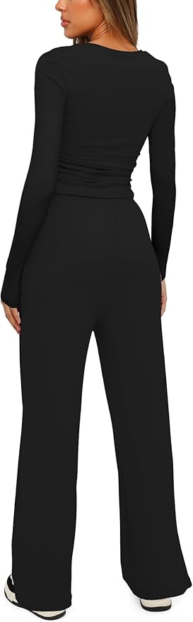 Darong Women's 2 Piece Outfits Lounge Sets 2026 Long Sleeve Tops Wide Leg Pants Casual Matching Set