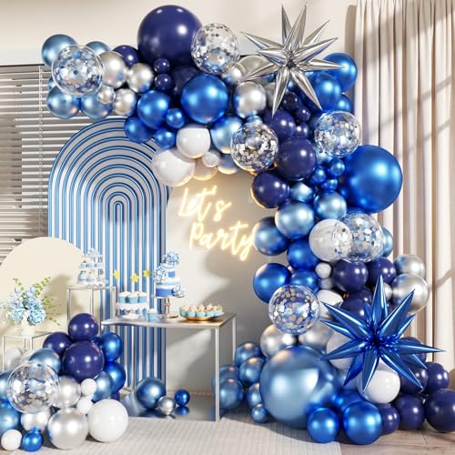 Blue White Silver Balloon Garland Arch Kit, 140Pcs Navy Light Metallic Blue Silver White Confetti Balloons With Stars for ...