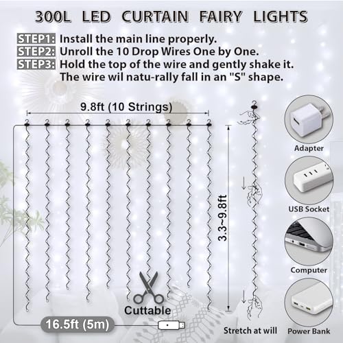 HXWEIYE 300LED Fairy Curtain Lights, 9.8x9.8Ft USB Plug-in 8 Modes Christmas String Hanging Lights with Remote for Bedroom...
