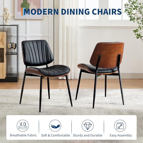 IDEALHOUSE Dining Chairs Set of 2, Mid Century Modern Dining Room Chair, Upholstered PU Leather Kitchen Chairs with Walnut...